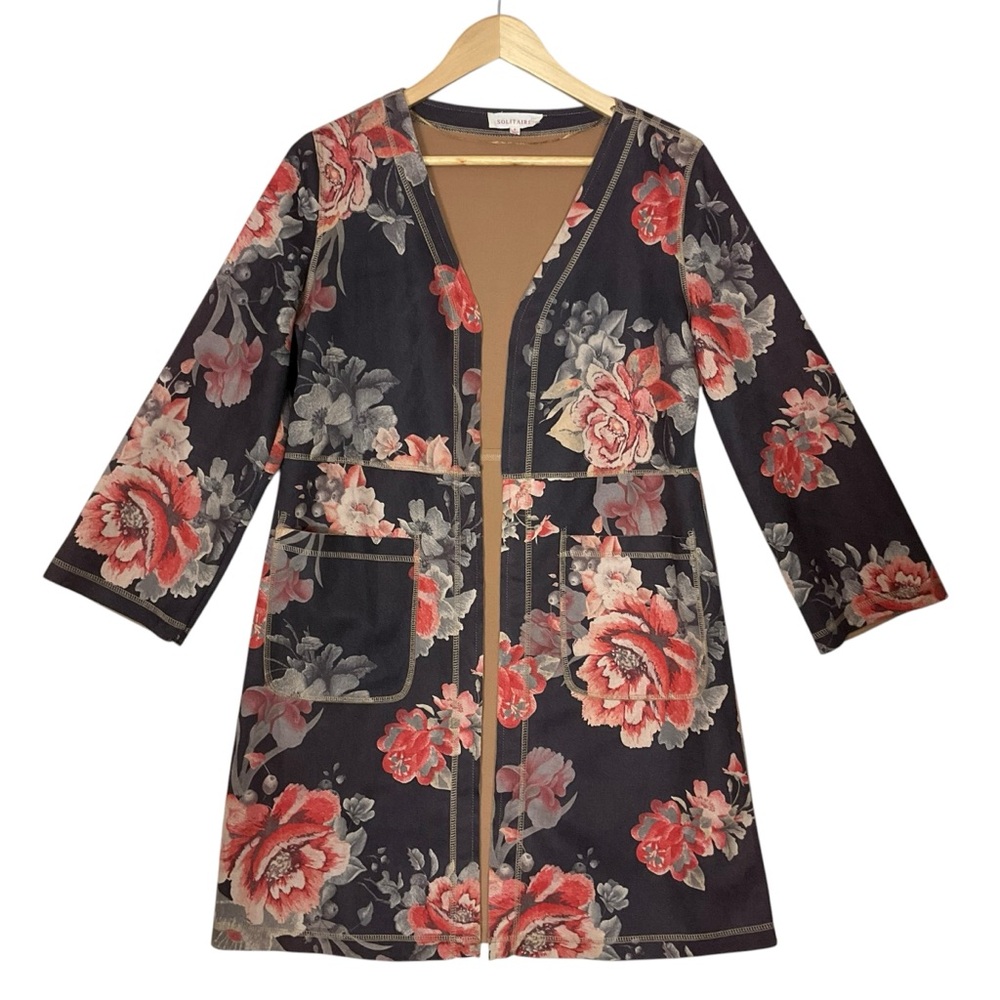 ANTHROPOLOGIE Solitaire sz Small Long Floral Jacket Open Camel Interior Brown +